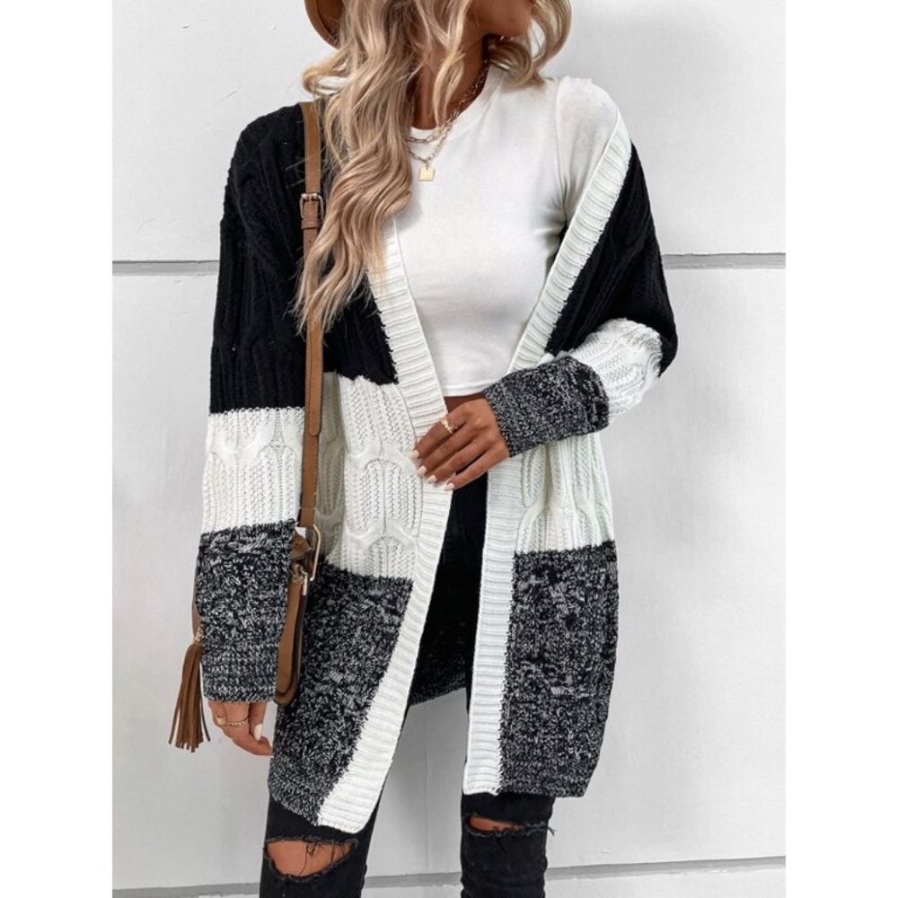 SOLD OUT Marled Black White Colorblock Cable Knit Open Duster Cardigan Sweater - Picture 1 of 4